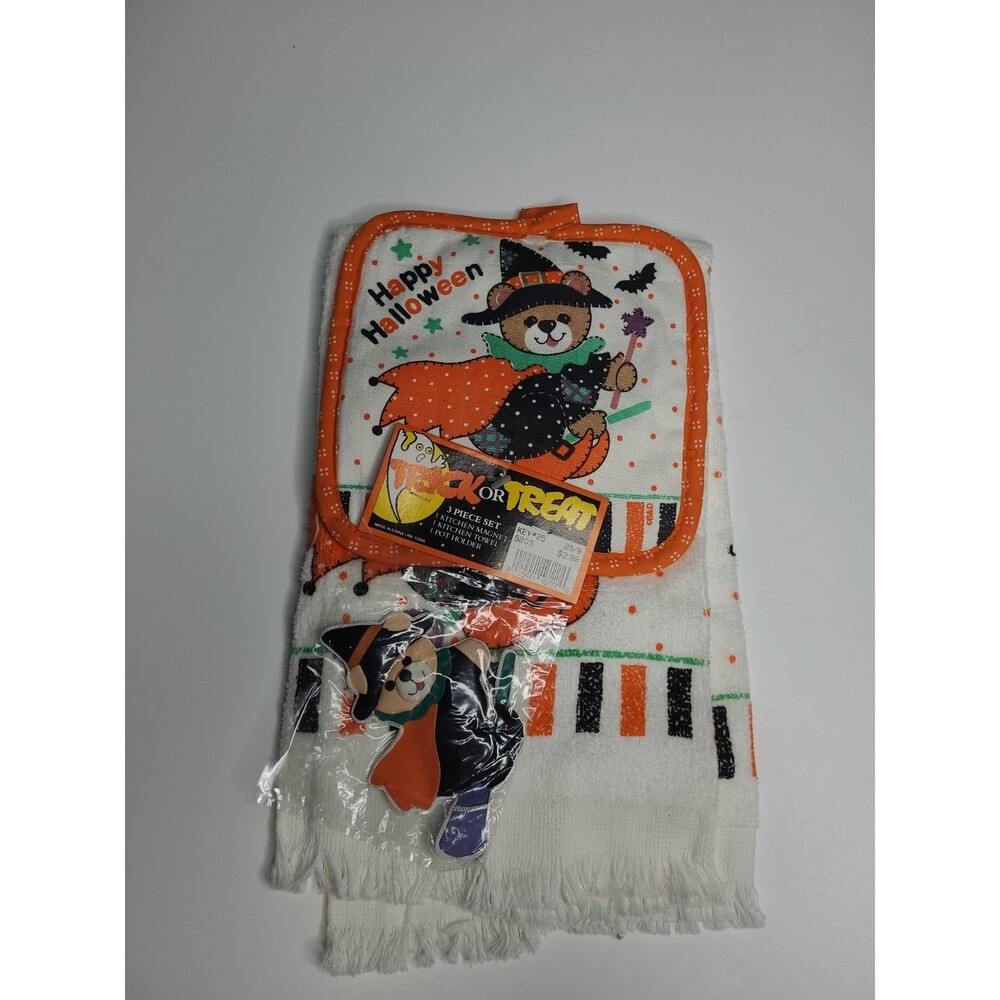 Vintage 80s 90s Halloween 3pc Set NWT Witch Bear Towel Potholder